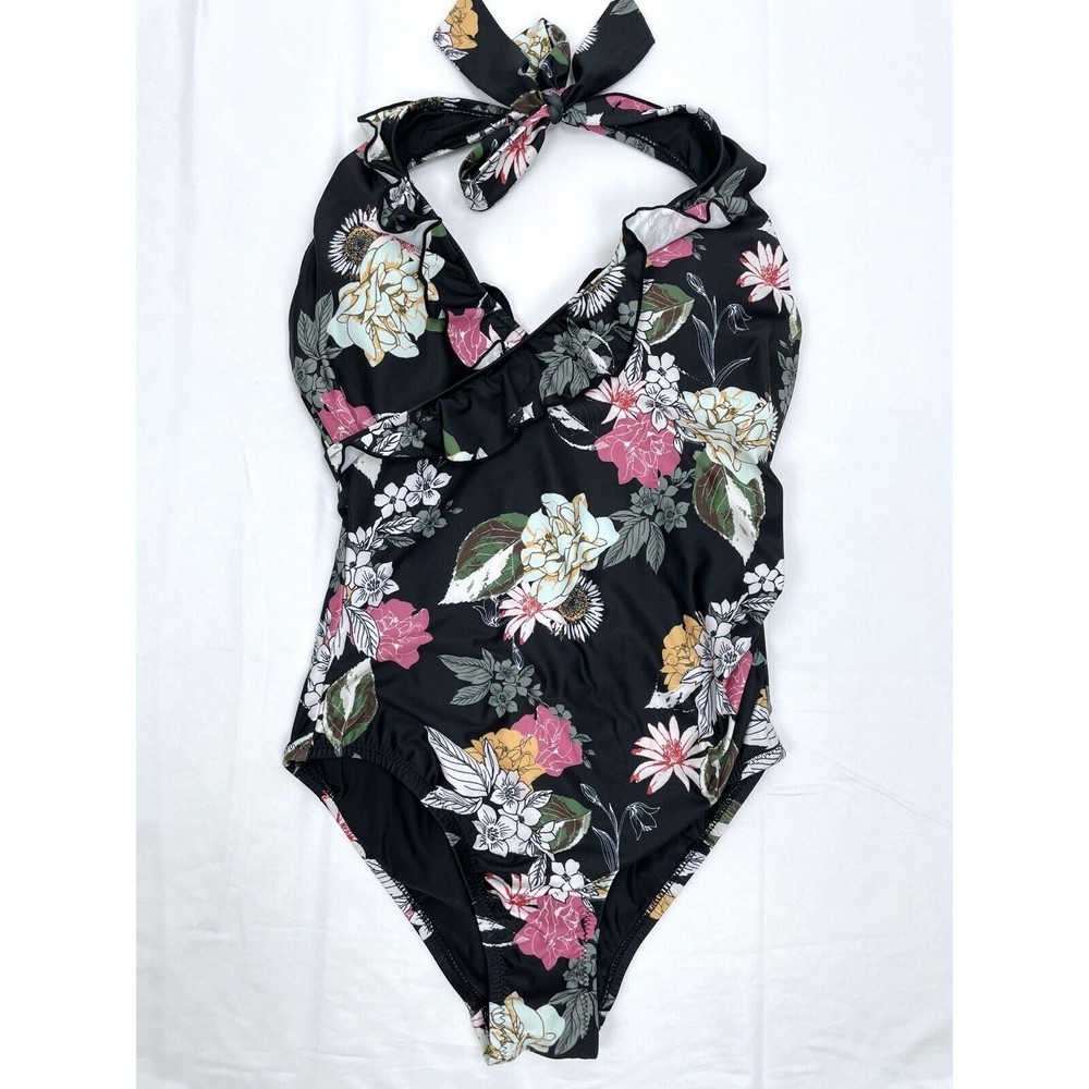 Modcloth Women MEDIUM Black Floral One Piece Swimsuit Halter Ties Ruffle